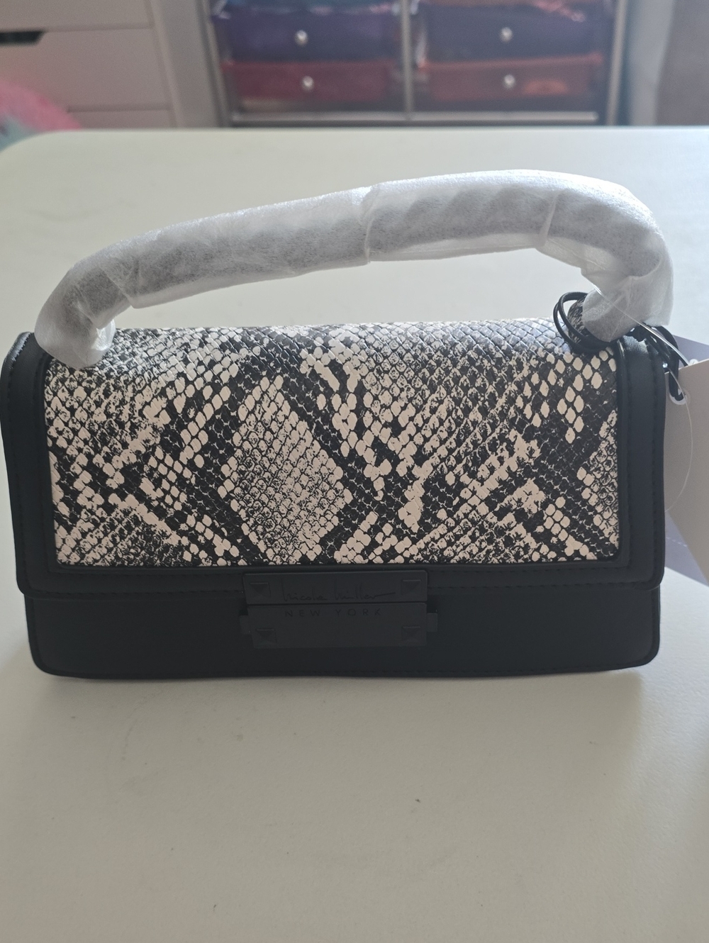 Nicole Miller Black & White Snake-Print Top-Handle Mini Bag